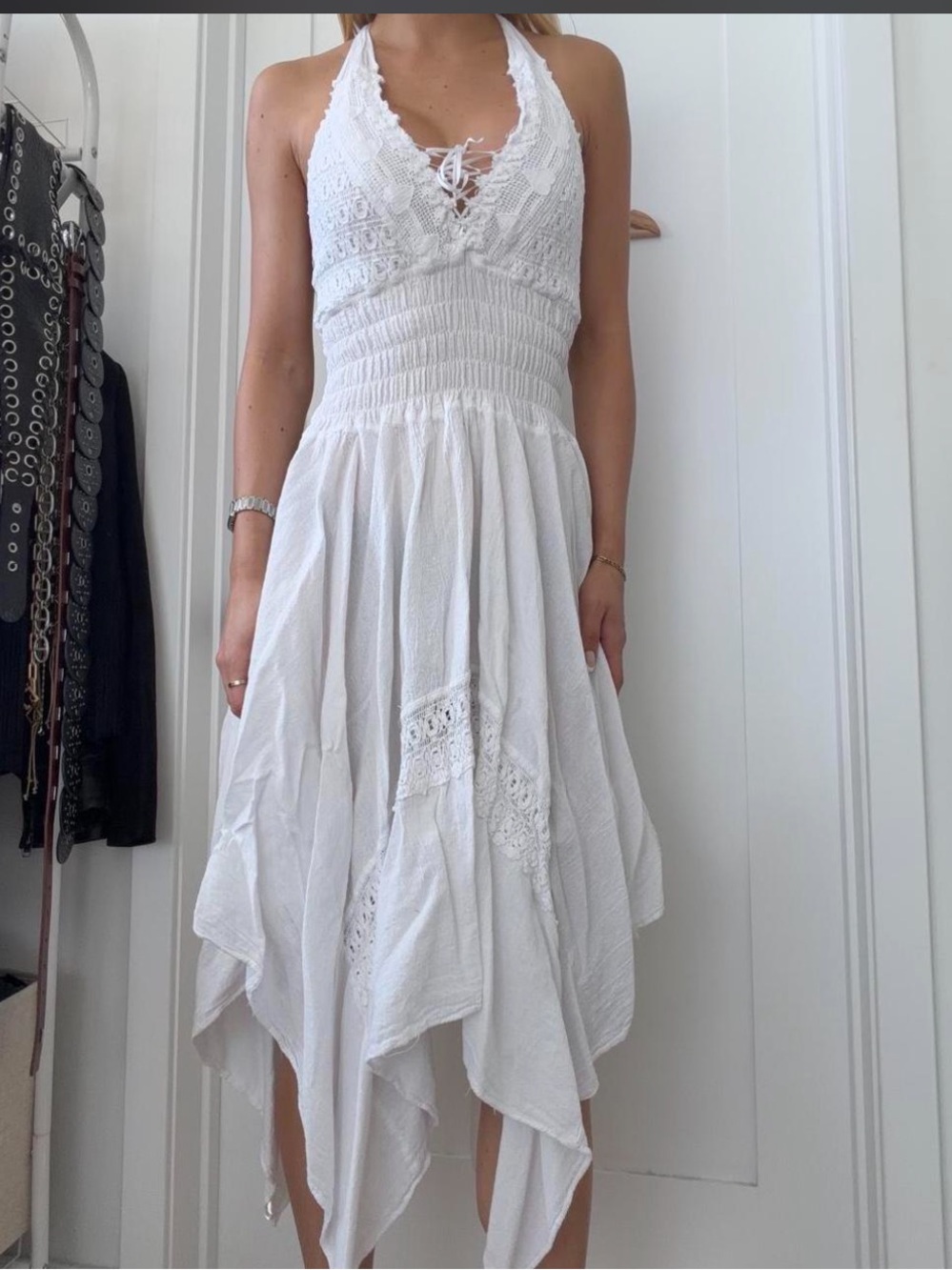 White Halter Handkerchief Hem Dress